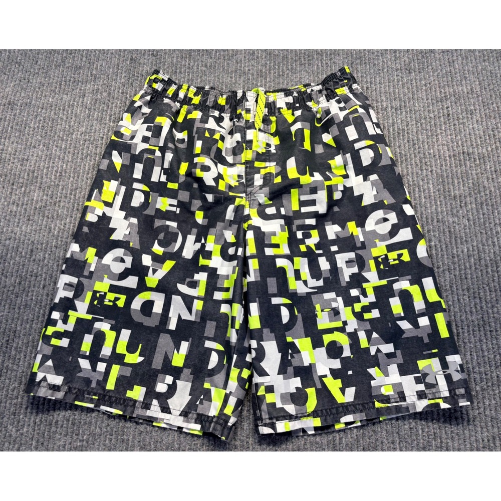 Under Armour Boys Swim Trunks Neon Green Black Graphic Print Board Shorts YLG